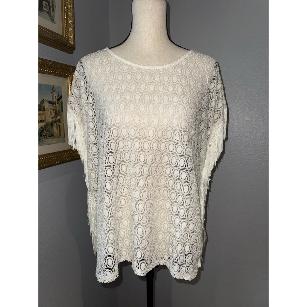 Lace Fringe Top Medium Boho Festival Sheer Crochet Ivory Side Slit Hippie Beach